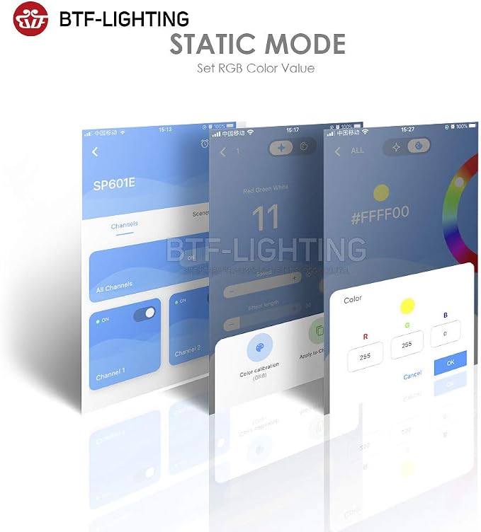 BTF-LIGHTING WS2812B WS2811 1903 Built-in Mic Music SP601E Bluetooth Controller with Dual Signal Output Ports for LED Module Pixel Strip Light Andriod iOS APP /3 Keys Button/RF Remote Control