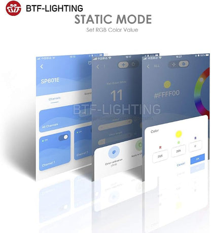 BTF-LIGHTING WS2812B WS2811 1903 Built-in Mic Music SP601E Bluetooth Controller with Dual Signal Output Ports for LED Module Pixel Strip Light Andriod iOS APP /3 Keys Button/RF Remote Control