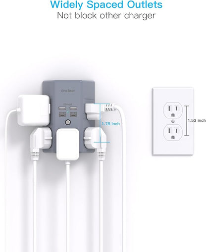 Surge Protector, 5 Outlets Extender with 4 USB Ports(USB C), 3-Side 1680J Power Strip Multi Plug Outlet Expander, USB Wall Charger, Outlet Splitter Adapter Wall Mount for Home Office ETL Listed（Grey）