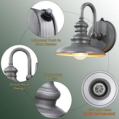 LONEDRUID Dusk to Dawn Sensor Outdoor Gooseneck Barn Light Fixture Silver