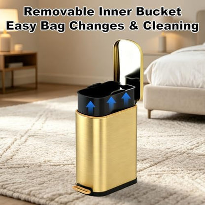 SYNCVIBE Slim Bathroom Trash Can with Soft Close Lid, 3.5 Gal, Gold
