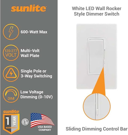 Sunlite LED Wall Rocker Style, Slide Bar Triac Dimmer Switch, Screwless Wall Plates Included, Single Pole or 3-Way Switching, 120 Volts, 200W Max for LED, 600W Max for Incandescent, White, 1 Pack