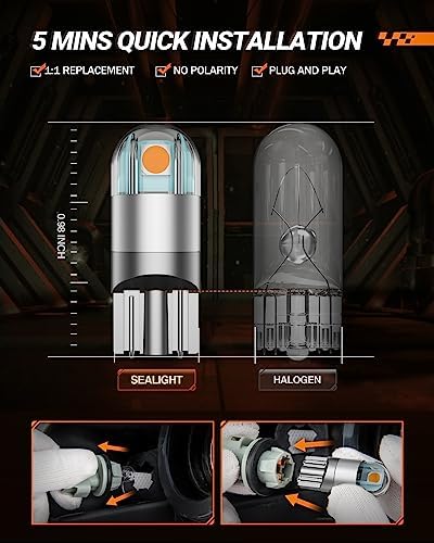 SEALIGHT 194 LED Bulb 2700K Amber, License Plate Light, Dome Light, T10 168 2825 W5W 3030 Bright Chips Wedge for Replacement Light Bulb, Map Trunk Door Courtesy Dash LED Light Bulb,Pack of 2