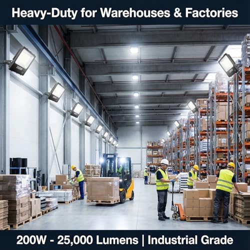 XXBSAZ 200W LED Flood Lights Outdoor 25000LM 6500K Daylight, AC85-265V, IP66 Waterproof, Super Bright Commercial Stadium Lights, White Plug in Work Lights for Parking Lot Sports Tennis Courts