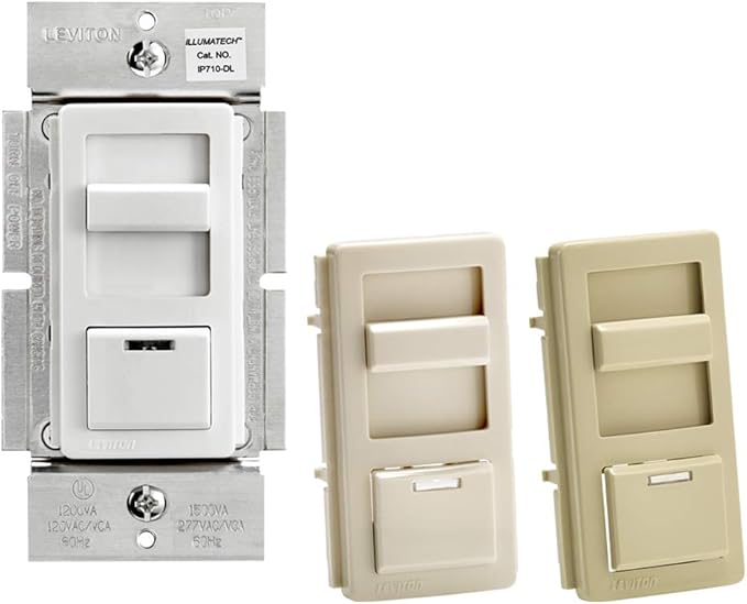 Leviton IllumaTech Dimmer Switch for 0-10V LED, Mark 7 Florescent Ballasts, wth LED Locator Light, IP710-DLZ, White with Ivory and Light Almond Faceplates