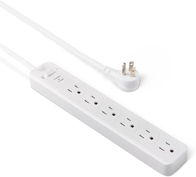Amazon Basics Surge Protector Power Strip, 6-Outlet, 790 Joules, 6ft Extension Cord, Safety Shutters, White
