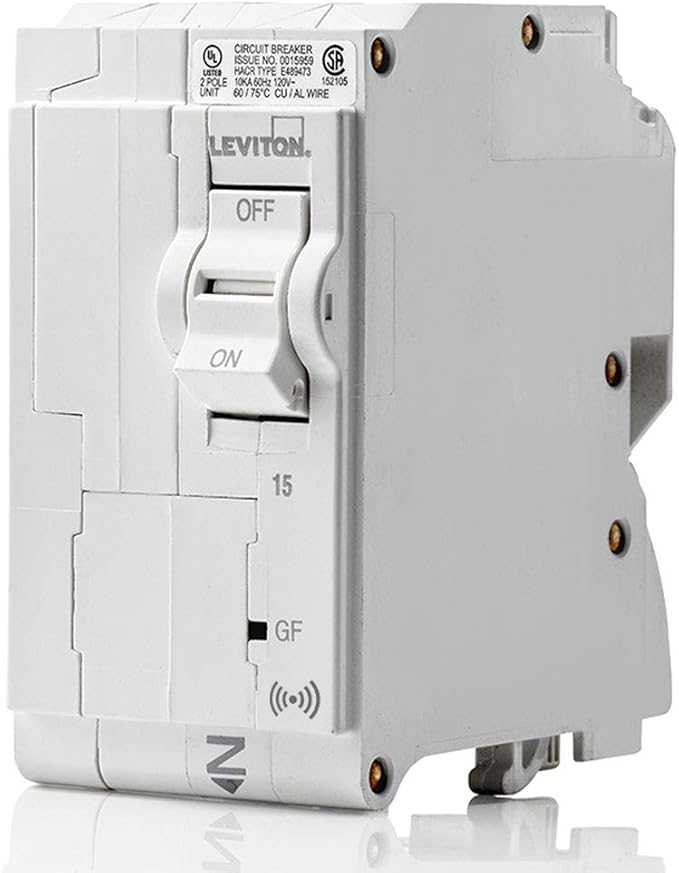 Leviton 15A 2-Pole Plug-On Smart GFCI Branch Circuit Breaker, Hydraulic Magnetic, 120/240 VAC, LB215-GS, White