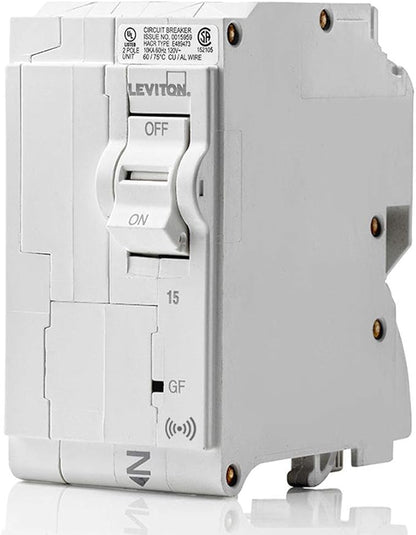 Leviton 15A 2-Pole Plug-On Smart GFCI Branch Circuit Breaker, Hydraulic Magnetic, 120/240 VAC, LB215-GS, White