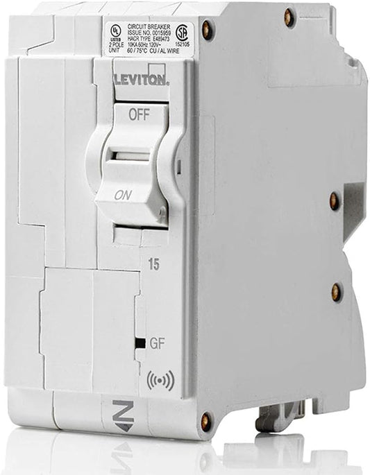 Leviton 15A 2-Pole Plug-On Smart GFCI Branch Circuit Breaker, Hydraulic Magnetic, 120/240 VAC, LB215-GS, White