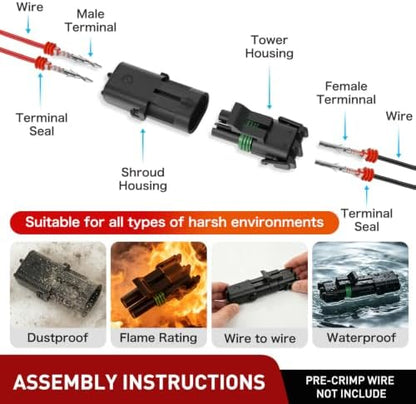 Nilight 100PCS 10 Kits 2 Pin Waterproof Automotive Electrical Connector Kit