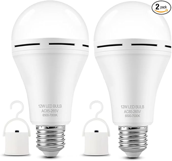 Emergency Rechargeable Led Light Bulb with Hook,Stay Lights Up When Power Failure, 1500mAh 12W 60W Equivalent LED Light Bulbs for Home, Camping, Hiking, 2 Pack