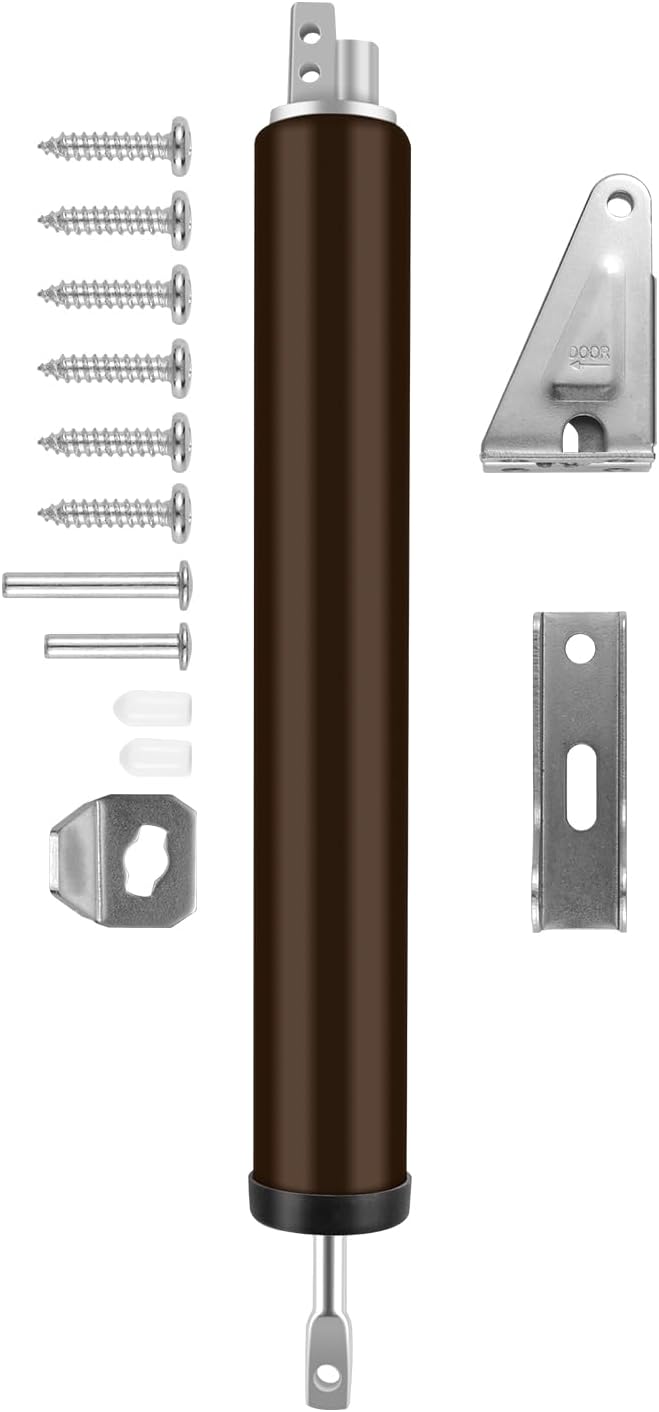 Screen and Storm Door Closer Kit, Heavy Duty Pneumatic Screen and Storm Door Closer, Screen and Storm Door Push Button Latch Set Replacement Kit, Adjust Smooth Closing Speed (Brown)