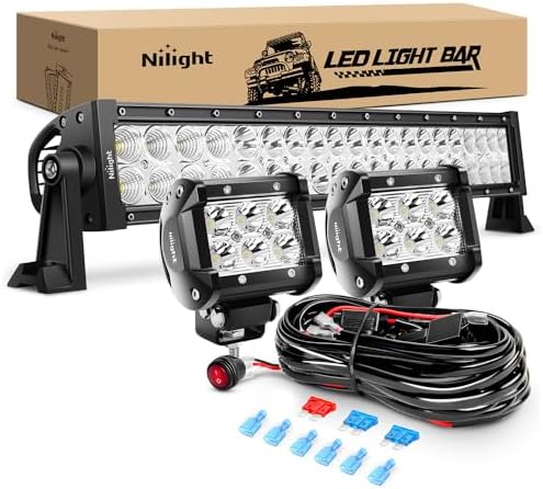 Nilight - ZH005 22Inch 120W Spot Flood Combo Led Light Bar 2PCS 4Inch 18W Spot LED Pods Fog Lights with 16AWG Wiring Harness Kit-2 Leads