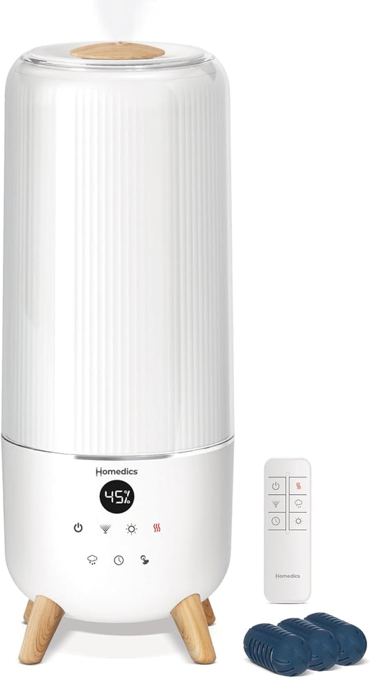 Homedics Warm and Cool Mist Ultrasonic Humidifier, Top Fill 2-Gallon Tank, Up to 90-Hour Runtime, Digital Display, Programmable Humidistat, 5 Mist Settings, Auto Shutoff