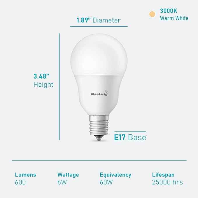 Maelsrlg E17 Intermediate Base LED Bulb, 6W (60 Watt Equivalent) G14 Globe Ceiling Fan Light Bulbs, Warm White 3000K, 600 Lumens, Non-Dimmable, Pack of 6