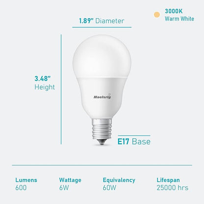 Maelsrlg E17 Intermediate Base LED Bulb, 6W (60 Watt Equivalent) G14 Globe Ceiling Fan Light Bulbs, Warm White 3000K, 600 Lumens, Non-Dimmable, Pack of 6