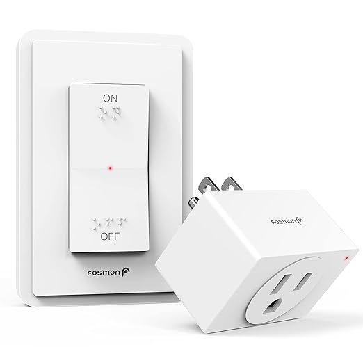Fosmon Wireless Remote Control Outlet Plug Indoor, Battery Operated Light Switch with Braille On/Off Mark, for Lights, Christmas Tree, No Interference, 15A/1875W, No Wiring & Expandable