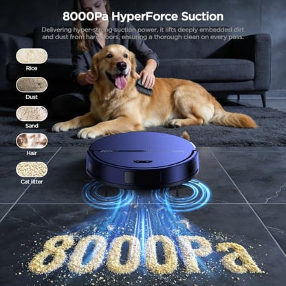 Robot Vacuum and Mop Combo, 8000Pa Strong Suction 2 in 1 Vacuum Robot with Mopping, with Schedule, Wi-Fi/App/Remote, Self-Charging, Slim, Ideal for Hard Floor, Pet Hair, Low-Pile Carpet