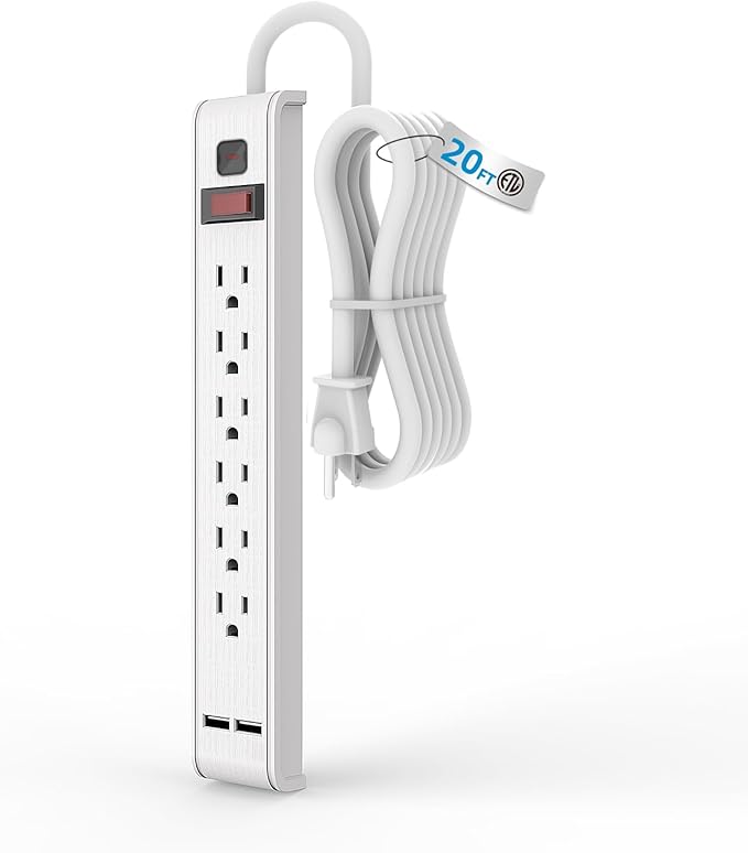 TiFFCOFiO Power Strip Surge Protector, 6 Outlets with 2 USB Ports, 6 Feet Extension Cord, 600 Joules, Wall Mountable for Home, Office and Dorm, 15A/1875W, ETL Listed (20, Feet)