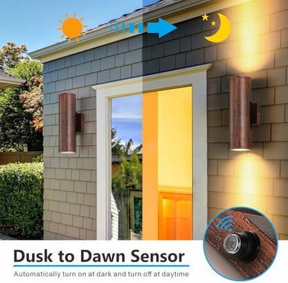 DAKAFUL Dusk to Dawn Outdoor Lighting Sensor Wall Lights 2Pack, 12W 2700K Integrated LED Cylinder Up Down Lights Outdoor, IP65 Waterproof Aluminum Wall Sconce Exterior Wall Light for Porch Patio etc.
