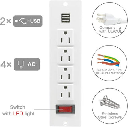 Recessed Power Strip Socket with USB Ports Mountable Desk Power Outlet Desktop Power Strip 4 AC Outlets 2 USB Ports for Conference Cabinet Sofa Countertop UL Listed