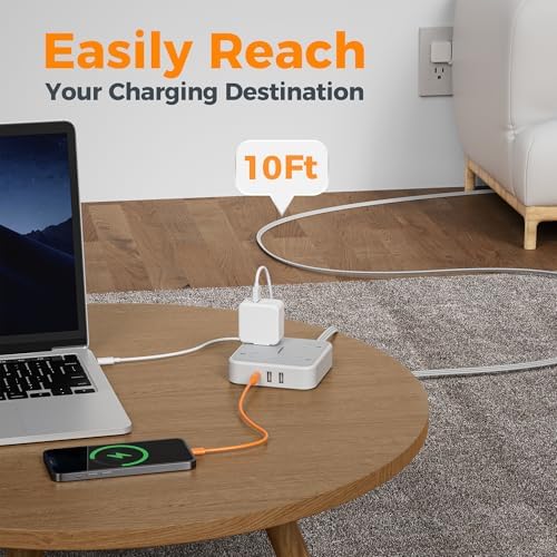 TESSAN Surge Protector Flat Extension Cord 10Ft, Flat Plug Power Strip