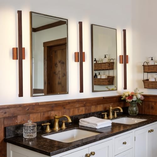 Modern Bathroom Light Fixtures Over Mirror, 32 Inch Brown Wood Finish Vanity Light Bar 26W Dimmable 5CCT LED Vanity Lights for Bathroom Wall Lighting Fixtures Over Mirror
