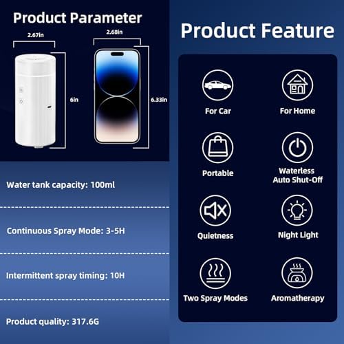 SEEDSEEL 100ML Car Essential Oil Diffuser, Rechargeable Battery Powered, Cordless Portable Diffuser with 7 LED Color Changing Lights for Travel (White)