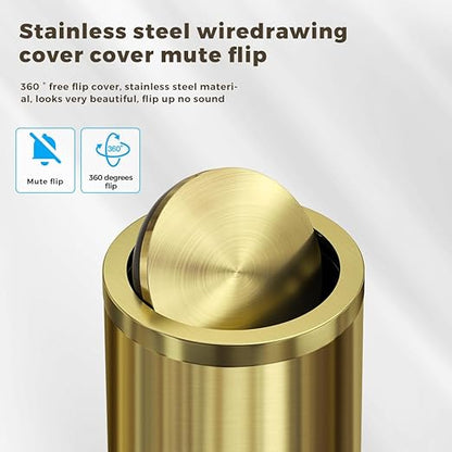 18L/4.7GAL Gold Bathroom Trash Can with Lid,Brass Garbage Can with Flipping Lid,Brushed Stainless Steel for Bedroom,Living Room,Office,Guest Room (4.7gal-Gold)