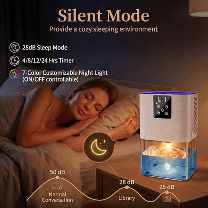 MTOX Dehumidifier, 3L/105oz Water Tank, 1100ml/Day, Dehumidifier for Bathroom Bedroom Basement RV, Quiet 28dB Sleep Mode, Auto Shut-Off, Auto Defrost, 7-Color LED Light, Digital Display (Blue White)