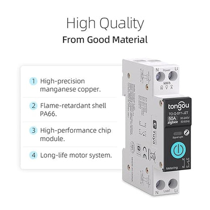 TONGOU ZigBee DIY Smart Switch 50A| DIN Rail Switch| 1P+N 90-240VAC| Real-time Power Monitoring| Remote Control and Set Timer for Home Automation| Support Tuya/Smart Life| Voice Control| FCC Certified