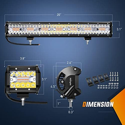 Nilight 20inch Light Bar 4inch Pod Amber White Strobe 6 Modes Light Kit