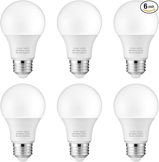 Maelsrlg 12V LED Bulb 6W(50W Equivalent), Warm White 3000K, 12V-24V AC/DC, 600 Lumens, Non-Dimmable, A19 12V DC LED Light Bulbs, E26 Base, Pack of 6