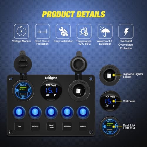 Nilight 5 Gang Multi Function Switch Panel Waterproof Pre-Wired