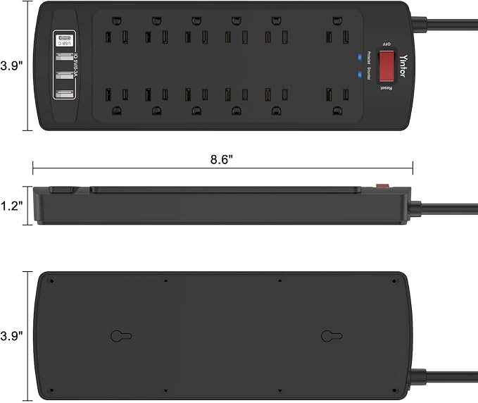 Yintar 6Ft Surge Protector Power Strip with 12 Outlets and 4 USB Ports | 10 Feet Flat Plug Extension Cord with Multiple Outlets for Home, Office, Dorm Essentials, 2700 Joules, ETL, Black