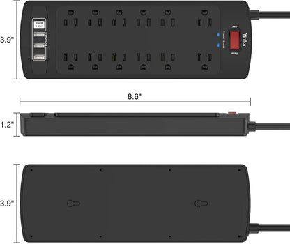 Yintar 6Ft Surge Protector Power Strip with 12 Outlets and 4 USB Ports | 10 Feet Flat Plug Extension Cord with Multiple Outlets for Home, Office, Dorm Essentials, 2700 Joules, ETL, Black
