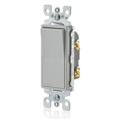 Leviton 15 Amp, 120/277 Volt, Decora Rocker Single-Pole AC Quiet Switch, Residential Grade, Grounding, 5601-2G, Gray