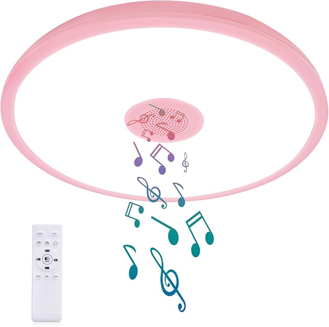 Pink Waterproof LED Flush Mount Ceiling Light Fixture,with Bluetooth Speaker,11 Inch,18 watt,Dimmable Music Lamp,RGB Color Changing Light with Remote Control,for Bathroom,Shower,Bedroom
