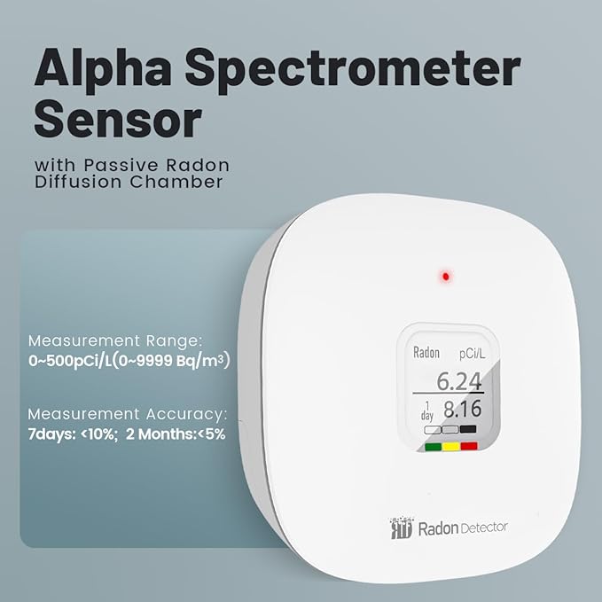 Radon Detector for Home, Office, Workplace, Hello Radon S, E-Ink Display, Alpha Spectrometer Sensor, 2-Year Battery Life, Wall Mounted & Free Standing, PCi/L & Bq/m³ Units Switchable