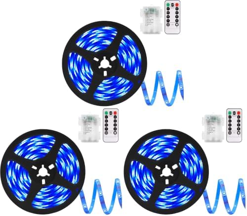 echosari Blue Led Strip Lights Waterproof Battery Operated with Remote, 8 Modes, Dimmable, Timer, Self-Adhesive, Cuttable, 3M 90Led Battery Strip Led Light for Indoor Outdoor Decor (Pack of 3)