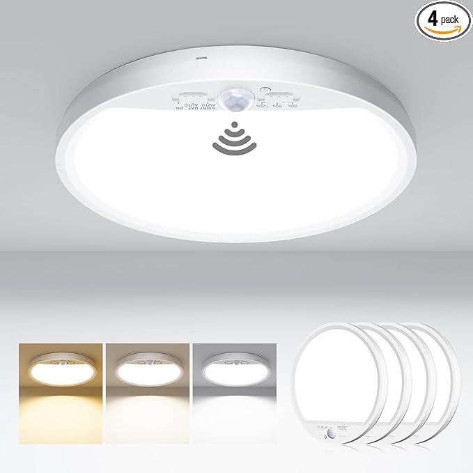 hepside 4 Pack Motion Sensor Ceiling Light Wired, 3000K/4000K/6500K LED Flush Mount Ceiling Light Fixture, 7Inch 15W Motion Sensor Light with Timer for Closet Stair Porch Hallway Pantry,White