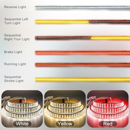 48" Tailgate Light Bar - 324 LED Triple Row Strip with Red Brake/White Reverse/Yellow Turn Signals, Sequential Strobe Effects, Waterproof Silicone for Car Pickup SUV Trailers