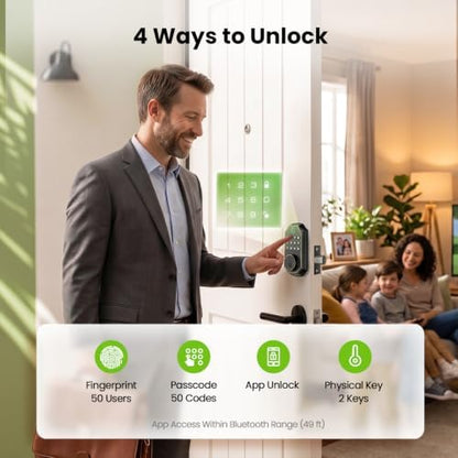 GHome Smart Fingerprint Door Lock for Front Door, Keyless Entry Deadbolt with Keypad, App Control, Auto Lock, Easy Install Digital Smart Lock for Family Homes, Garage Entry & Apartments