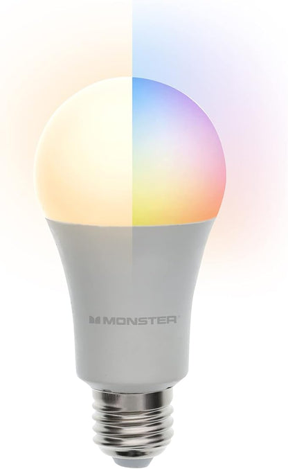 Monster Multi-Color and Warm-White LED Light Bulb, 16,000,000 Lighting Possibilities, Customizable with App, Compatible with Alexa/Siri/Google Assistant, Wi-Fi Enabled, 2-Pack, 9 Watt