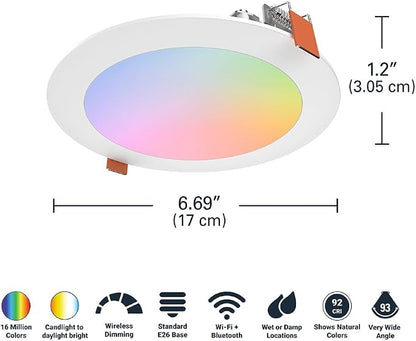 HALO HLB6099WZRGBWMWR 6” Smart Wi-Fi Slim Canless LED Downlight Powered by WiZ Pro, Dimmable Full Color with Smart Home Integration (Pack of 4)