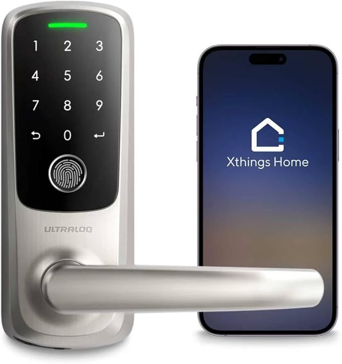 ULTRALOQ Latch 5 Smart Lock, Built- in WiFi 6 Fingerprint Door Handle Lock, Biometric Keyless Entry Door Lever with App, Digital Touchscreen Keypad, Smart Locks for Front Door, App Remote Control