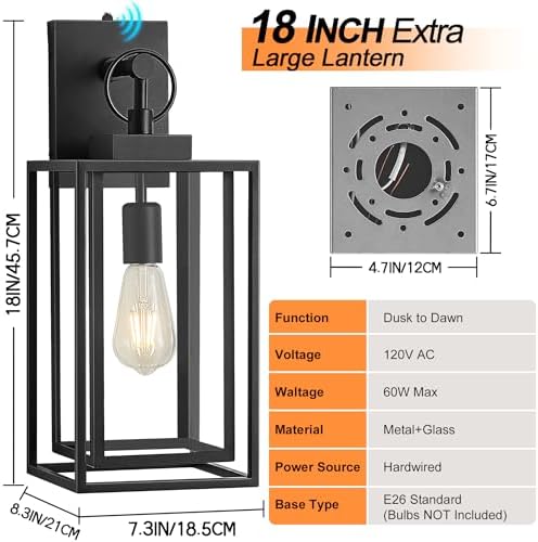 18 IN Dusk To Dawn Outdoor Wall Light,Double Cage Satin Black Exterior Lighting Fixtures With Clear Tempered Glass,Waterproof Auto On/Off Outdoor Lanterns For Porch,Garage,Yard,E26 Base,1 Pack