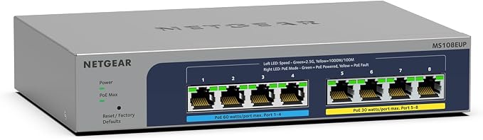 NETGEAR 8-Port PoE 2.5G Ethernet Easy Smart Managed Switch (MS108EUP) | With 4 x 2.5G Ultra60 PoE++ and 4 x 2.5G PoE+ Ports @ 230W, Desktop or Wall Mount