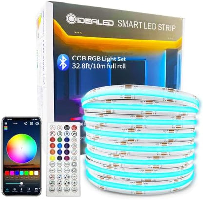 GIDEALED 32.8ft COB LED Strip Light 24V Kit,Color Changing COB RGB LED Strip Light Dimmable,Flexible LED COB Light Strip with IR Remote &Bluetooth APP Control,FCOB LED Light for Bedroom Decoration