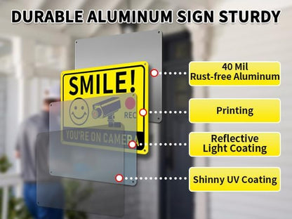 2 Pack Smile You're on Camera Signs – Video Surveillance Signs Outdoor, 10"x7" Rust-Free Aluminum Warning Sign, UV Printed Weatherproof Security Camera Sign for Home, Business, Fence, Driveway, CCTV